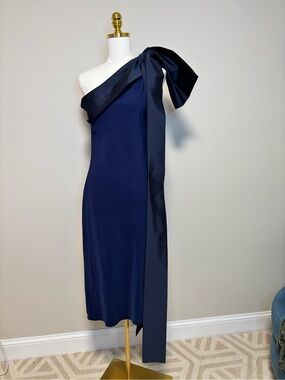 BERNADETTE Navy One Shoulder Oversized Bow Evening Dress Size 38